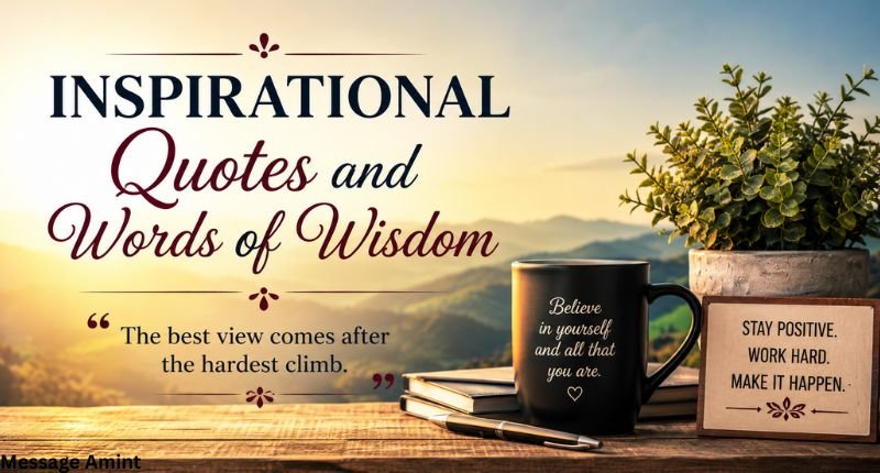 Inspirational Quotes and Words of Wisdom with a motivational quote, sunrise background, books, and coffee mug.