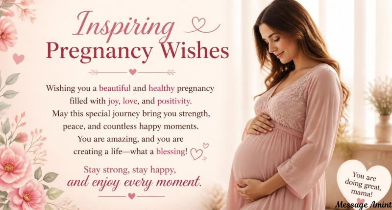 Inspiring pregnancy wishes card featuring a beautiful pregnant woman looking down at her belly next to pink floral designs.
