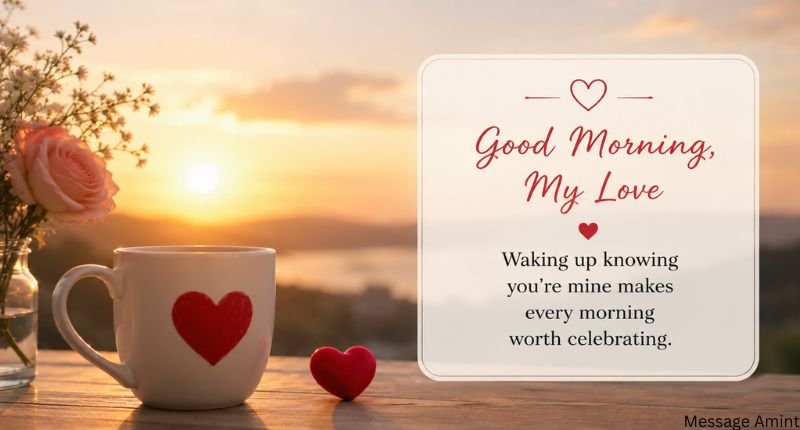 Good morning love messages to make him smile with a sunrise coffee scene and romantic morning quote card.