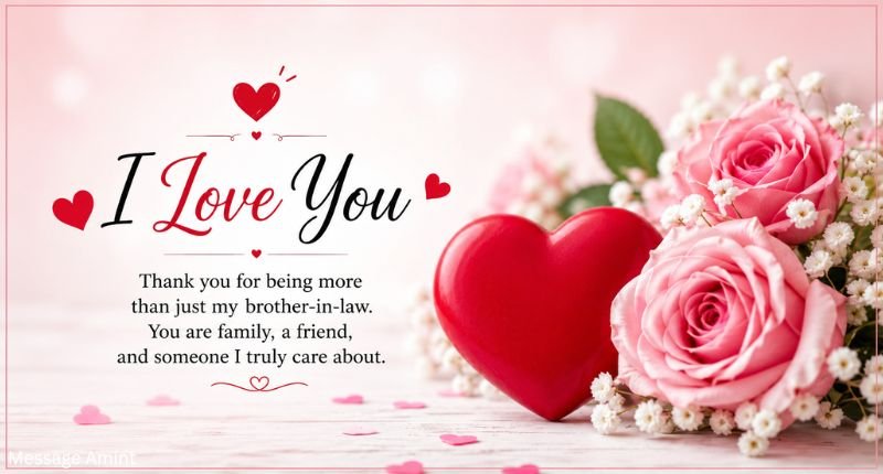 Beautiful quote card with an I love my brother-in-law message, red heart, and pink flowers.