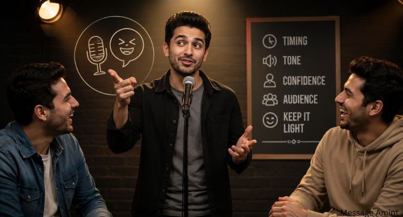 Confident speaker delivering a funny roast with expressive body language as friends laugh, highlighting effective timing, confidence, and audience engagement.