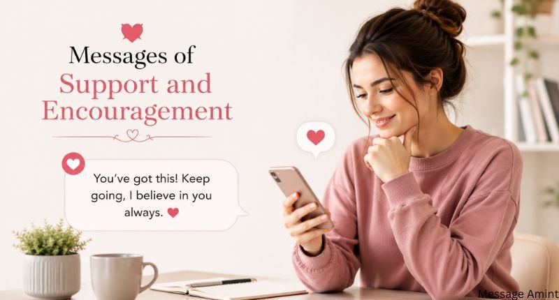 Woman smiling while reading supportive text messages with an encouragement quote card on a clean background.