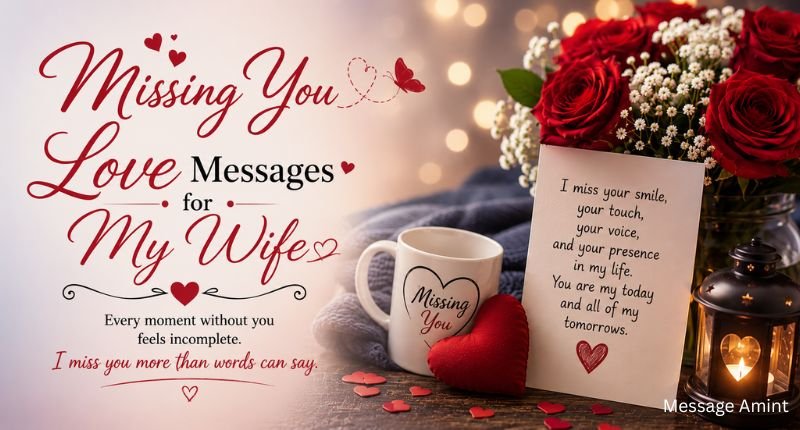 Missing You Love Messages for Wife with romantic coffee mug, bouquet of roses, heartfelt note, lantern, and cozy love-themed background.