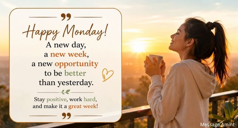 Motivational Monday morning messages quote card featuring a smiling girl enjoying the sunrise with an inspiring quote.