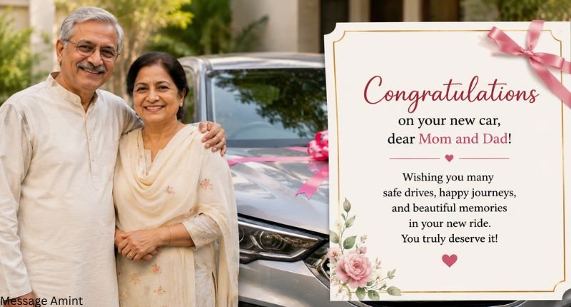 Parents standing beside their new car with a beautiful congratulations card and warm new car wishes.