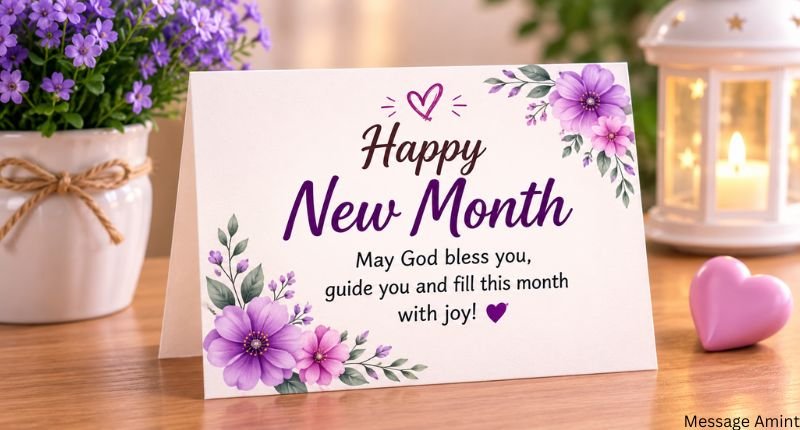 Prayerful New Month Messages for Friends quote card featuring a short prayer and blessing with elegant floral accents on a soft pastel background.