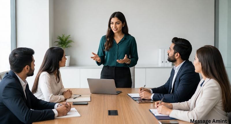 Professional woman speaking politely to her team during a business meeting in a modern office conference room.