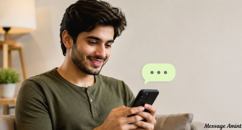 A smiling young man typing a polite reply to congratulations on his smartphone in a cozy indoor setting. The clean and minimal image represents polite ways to reply to congratulations with gratitude and appreciation.