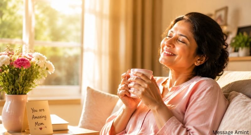 Happy mother enjoying a peaceful morning with a cup of tea, smiling in warm sunlight and expressing joy, gratitude, and positivity.