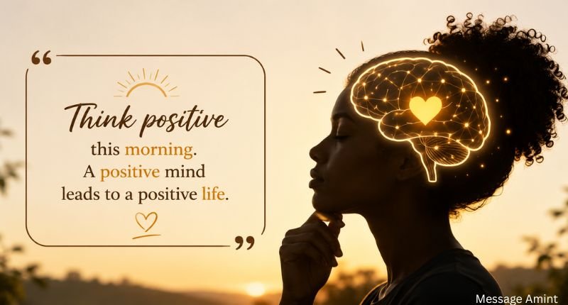 Positive thinking morning messages with thoughtful woman and glowing brain illustration