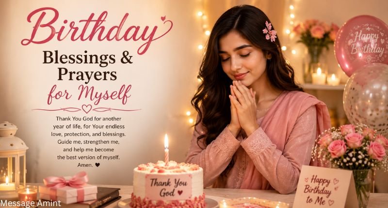 Birthday Blessings & Prayers for Myself image featuring a young woman praying beside her birthday cake with candles, flowers, balloons, and a peaceful birthday celebration background.