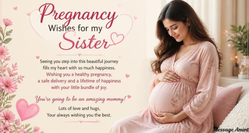 Pregnancy wishes for sister image featuring a happy pregnant woman holding her baby bump in a pink dress.