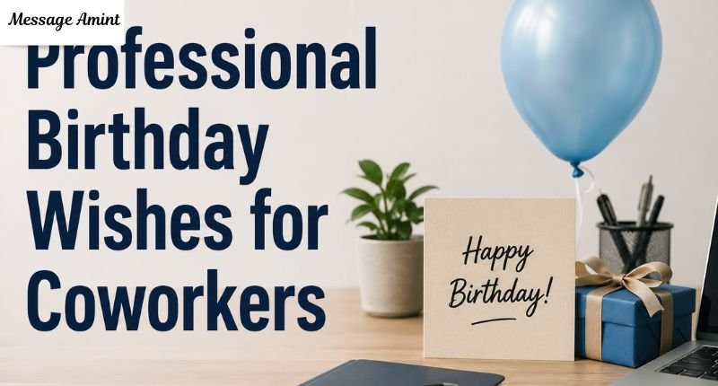 Professional Birthday Wishes for Coworkers banner featuring an office desk with a birthday card, gift box, laptop, balloon, and workspace decorations.