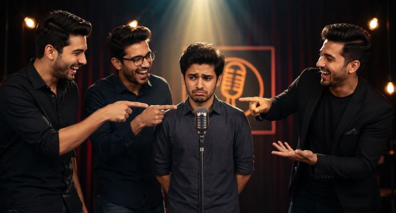 Three colleagues playfully roasting a coworker on a comedy stage in a lighthearted professional setting, capturing friendly workplace humor and team bonding.