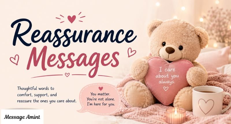 Reassurance messages illustration with teddy bear holding I care about you heart