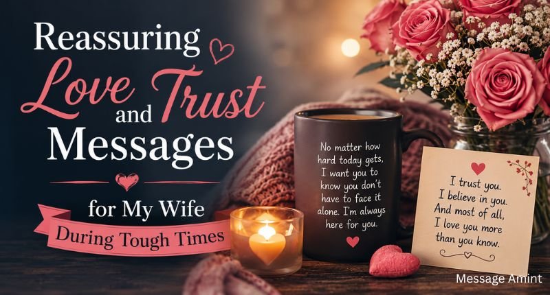 Reassuring Love and Trust Messages for My Wife During Tough Times with cozy coffee mug, roses, candlelight, and comforting romantic setting.