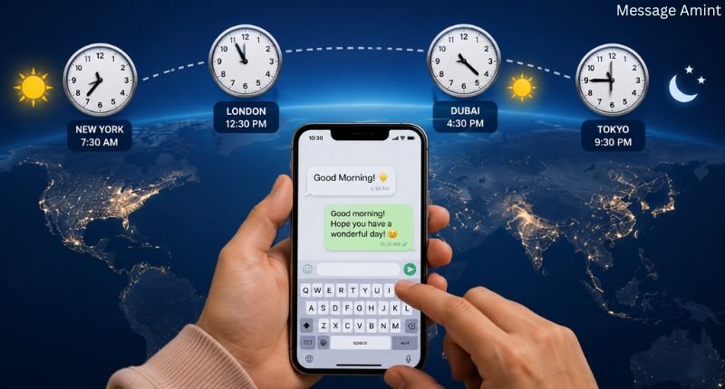 World clocks and phone chat illustrating how to respond to good morning texts across different time zones.