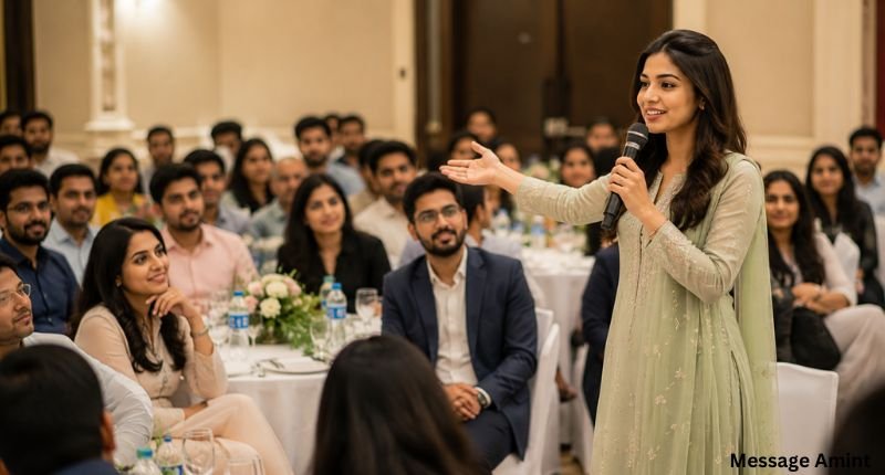 Woman speaking into a microphone and thanking a large audience during a formal gathering or celebration event.