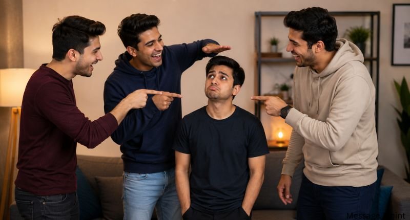 Three friends playfully roasting a shorter friend with laughter and friendly gestures in a casual indoor setting, showing lighthearted fun among close friends.