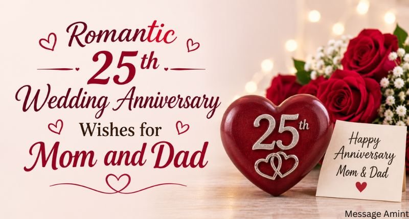 Romantic 25th Wedding Anniversary Wishes for Mom and Dad image with romantic roses, a heart-shaped 25th anniversary decoration, and elegant typography on a beautiful celebration background.