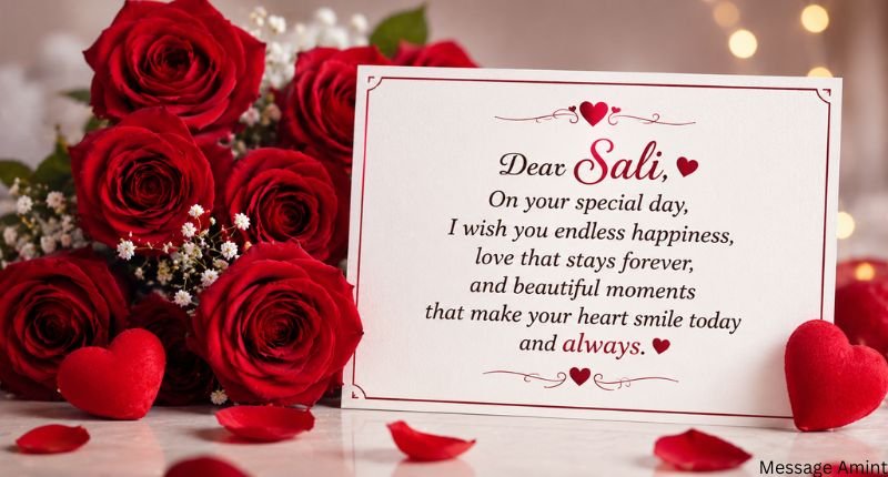 Romantic birthday wishes for Sali with red roses, heart decorations, and elegant quote card