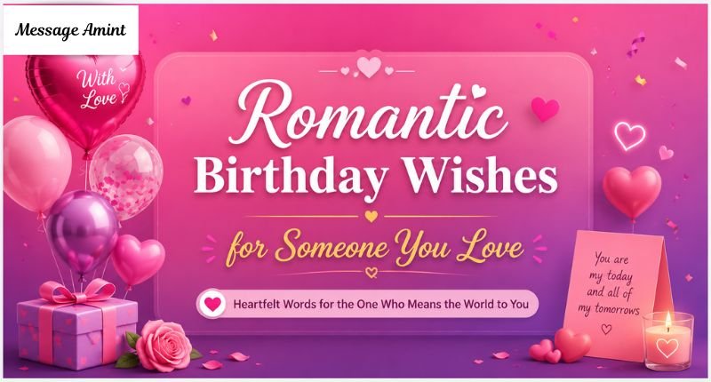 Romantic Birthday Wishes for Someone You Love with heart balloons, roses, gift box, candles, and a pink romantic celebration background.