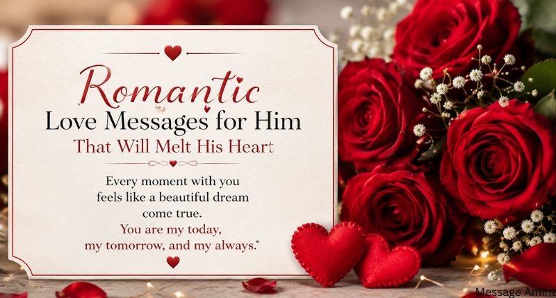 Romantic love messages for him quote card decorated with beautiful red roses and a heartfelt love quote.
