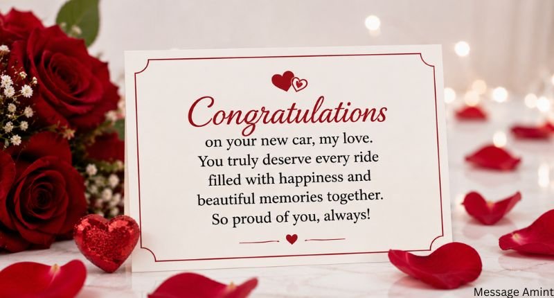 Romantic congratulations quote card with roses and a heartfelt new car wish for your loved one.