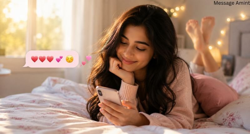 Girl lying on her bed smiling while sending a romantic good morning reply on her smartphone.