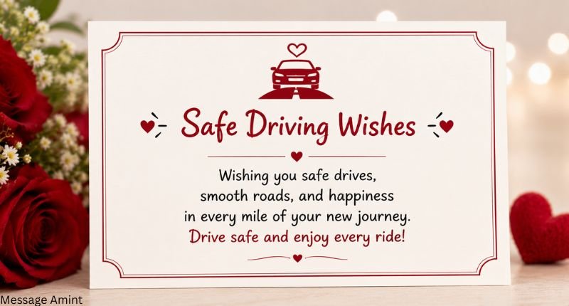 Safe driving wishes quote card with a heartfelt message for new car owners and elegant floral decorations.