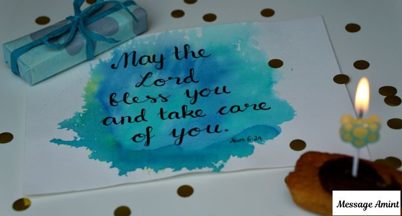 A blue watercolor blessing card with a gift box and a burning candle, perfect for short and simple messages for a sister-in-law you can send anytime.
