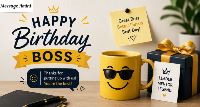 Happy Birthday Boss wishes banner with yellow sunglasses smiley mug and gift box