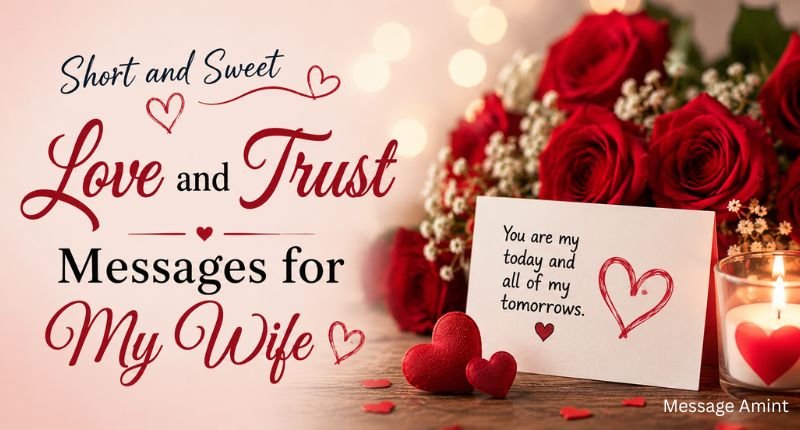 Short and Sweet Love and Trust Messages for My Wife featuring romantic roses, love note, candle, and cozy background.