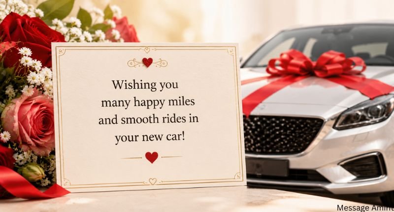 Short and sweet new car wishes quote card with a simple congratulatory message and elegant floral design.