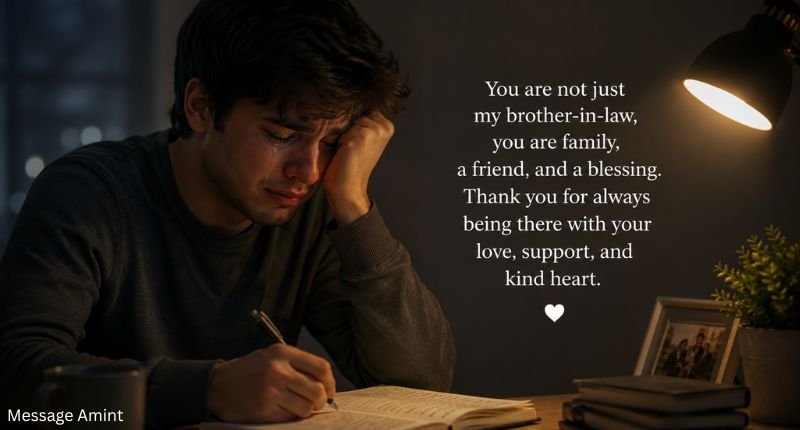 Emotional quote card showing a man writing a heartfelt messages for brother in law with tears