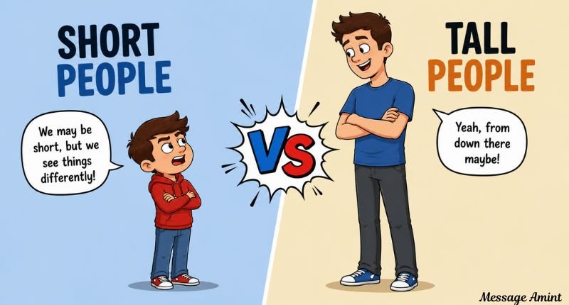 Short People vs Tall People Jokes illustration comparing a short person and a tall person in a humorous and friendly conversation with playful height jokes.
