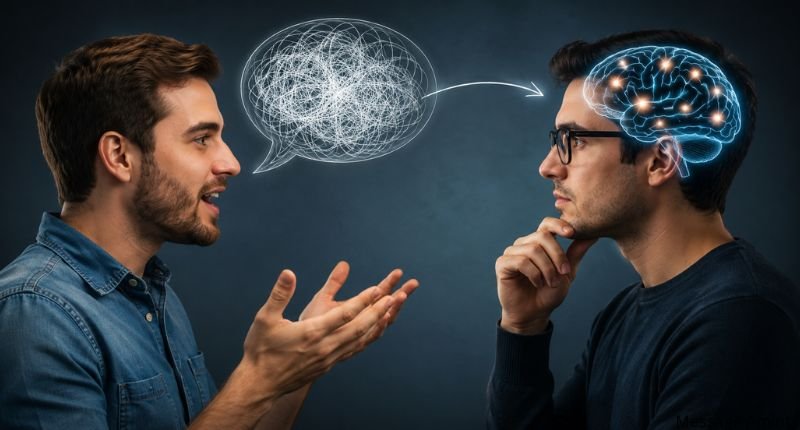 Two people in conversation as one thoughtfully processes a clever response, with a glowing brain graphic symbolizing quick thinking, confidence, and the psychology behind smart comebacks.
