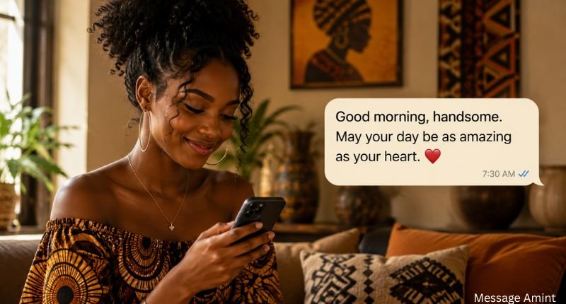 Sweet African American good morning messages for him with girl sending a romantic morning text