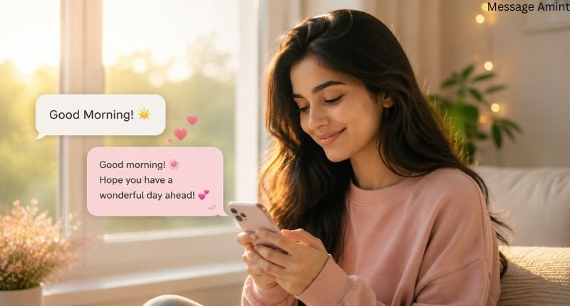 Girl smiling while sending a sweet reply to a good morning text on her phone in a cozy morning setting.