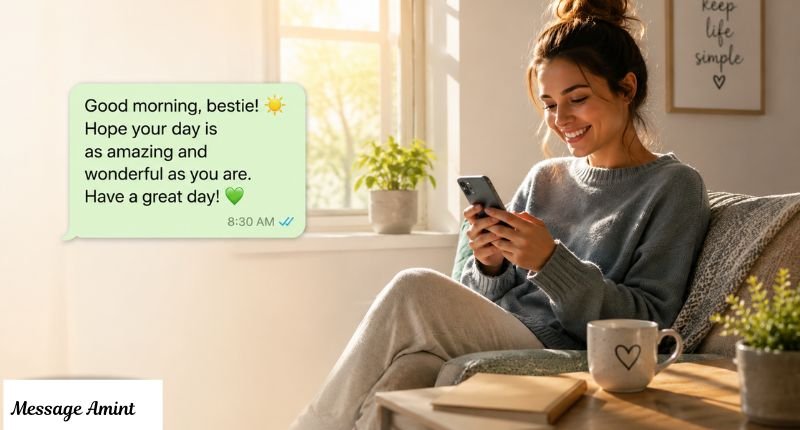 Woman sending a good morning message to her friend on a smartphone while enjoying coffee in a cozy sunlit home.