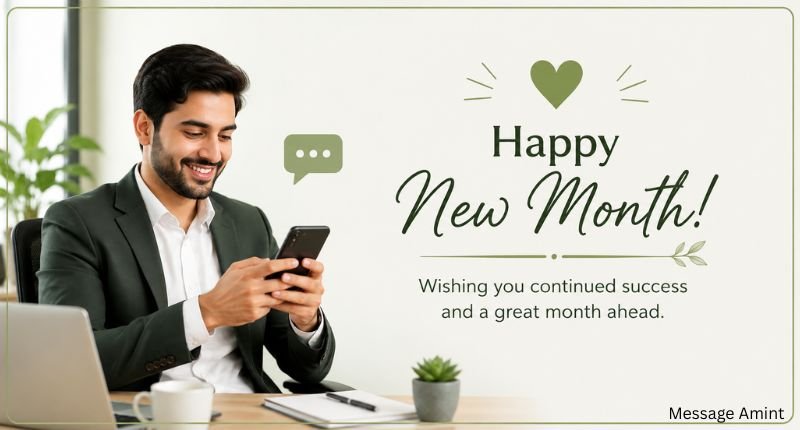 Professional man sitting in an office and sending a Happy New Month WhatsApp message to a client.