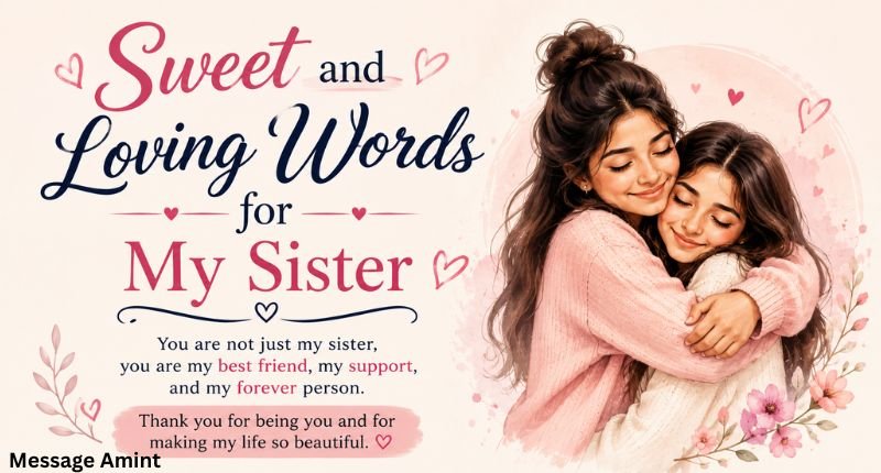 Sweet and loving words for my sister with a heartfelt illustration of two sisters hugging and expressing love and appreciation