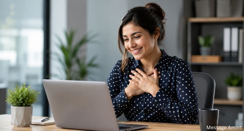 Thank you for warm welcome email showing a new employee smiling and expressing gratitude to coworkers in a modern office.