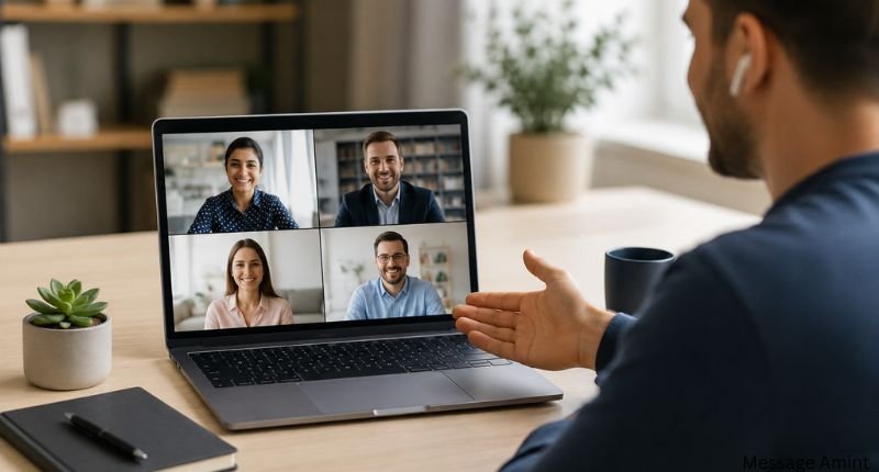 Virtual baby shower thank you message quote card featuring a laptop video call and a heartfelt appreciation message.