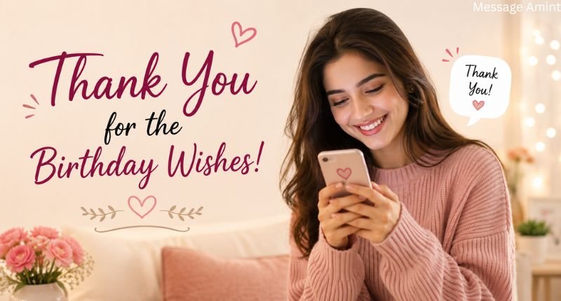 Thank You Message for Birthday Wishes image featuring a smiling young woman sending thank-you messages on her phone with a warm, cozy background and elegant thank-you typography.