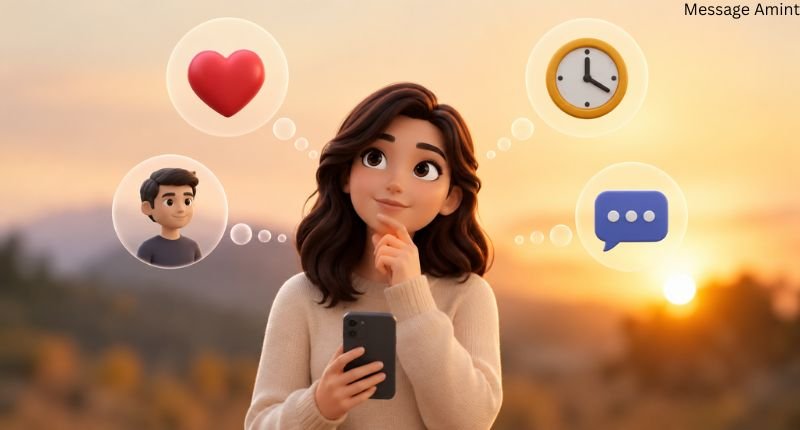 Person thoughtfully deciding how to respond to a good morning text with message icons and decision symbols.