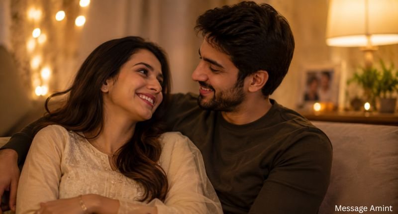 Deep love messages for her featuring a happy couple smiling lovingly at each other in a cozy romantic setting.