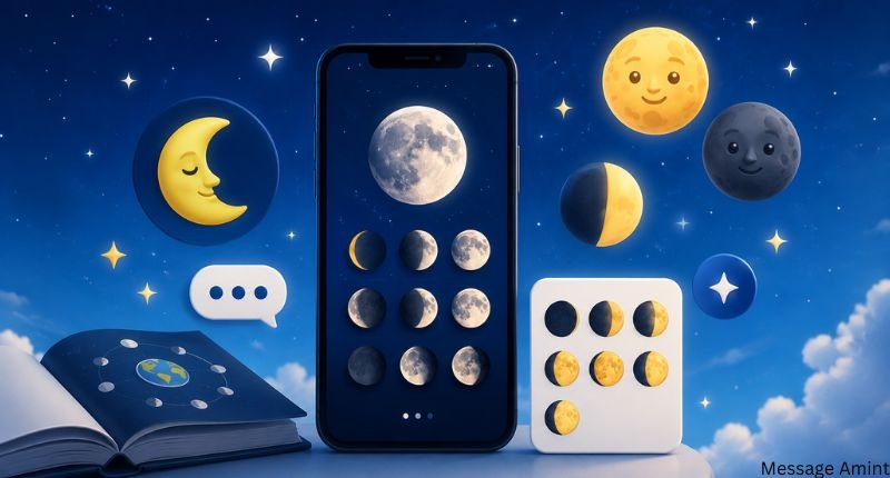 Illustration of different moon phase emojis with a smartphone displaying lunar phases, surrounded by stars and a night sky, explaining the meaning of moon emojis.