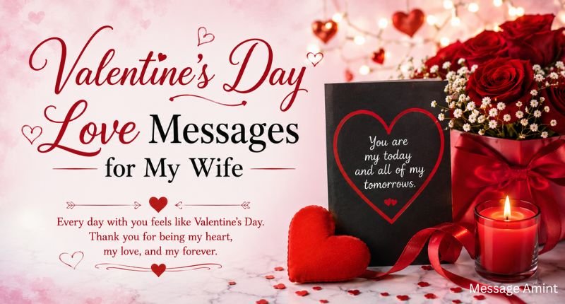 Valentine's Day Love Messages for My Wife featuring romantic gift box, heart decoration, red roses, candlelight, and Valentine's theme.