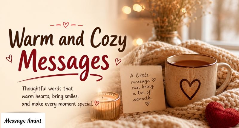 Warm and cozy messages illustration with coffee mug candle and heart note card